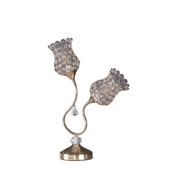 Metal Table Lamp with Floral Trumpet Shade and Crystal Accents, Gold