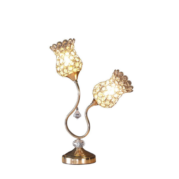 Metal Table Lamp with Floral Trumpet Shade and Crystal Accents, Gold