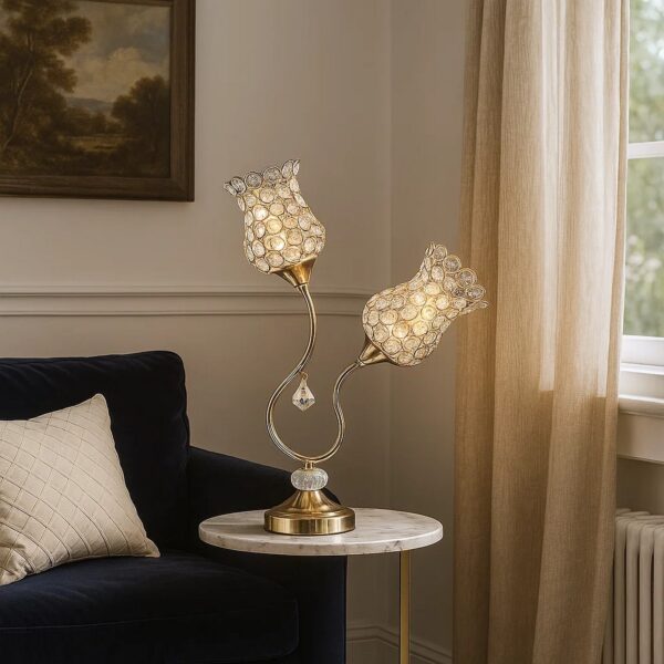 Metal Table Lamp with Floral Trumpet Shade and Crystal Accents, Gold