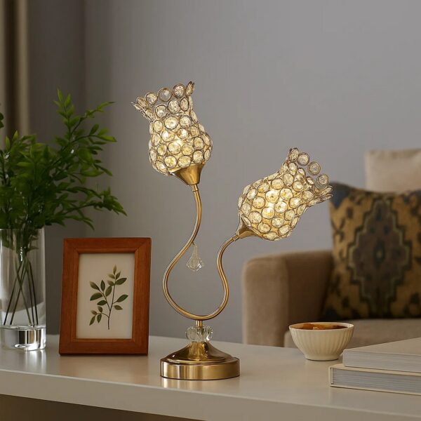 Metal Table Lamp with Floral Trumpet Shade and Crystal Accents, Gold