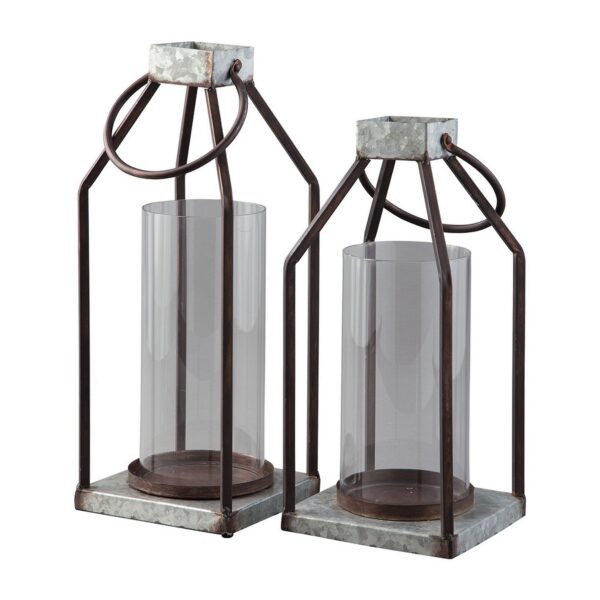 Geometric Lantern with Glass Hurricane, Set of 2, Black and Gray
