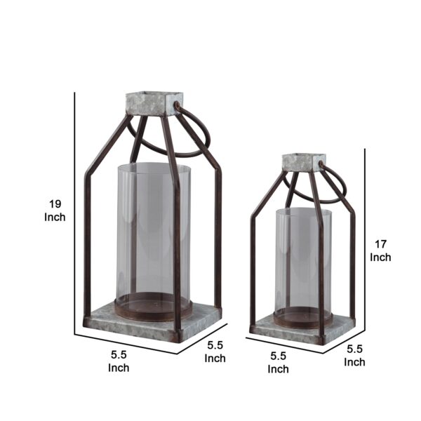 Geometric Lantern with Glass Hurricane, Set of 2, Black and Gray