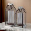 Geometric Lantern with Glass Hurricane, Set of 2, Black and Gray