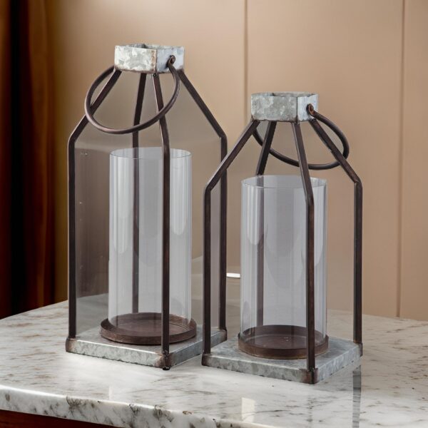 Geometric Lantern with Glass Hurricane, Set of 2, Black and Gray
