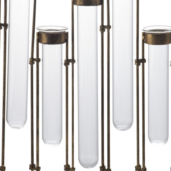 18 Inch 9 Slot Accent Vase, Glass Body Pieces in Iron Frame, Antique Bronze