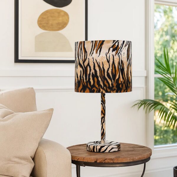 Fabric Wrapped Table Lamp with Striped Animal Print, Brown and Black
