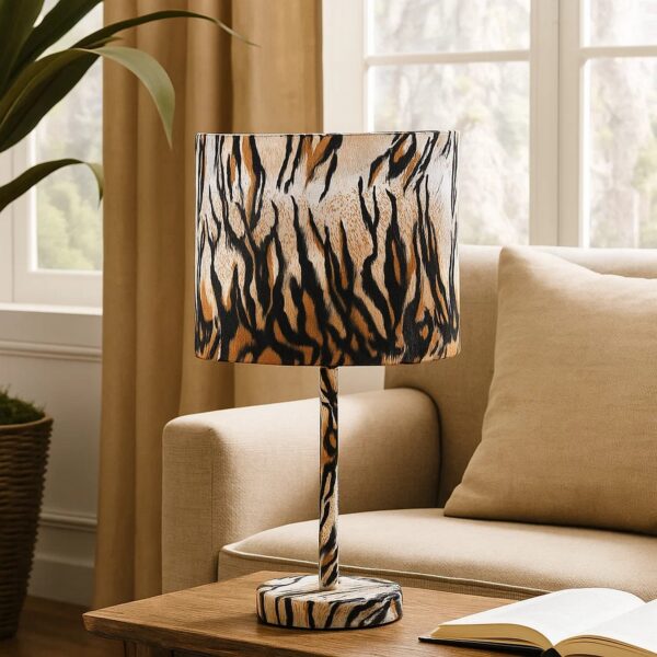 Fabric Wrapped Table Lamp with Striped Animal Print, Brown and Black