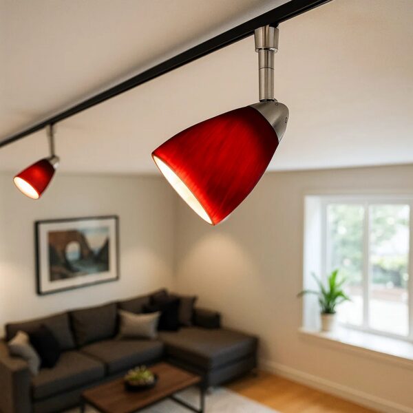 Hand Blown Glass Shade Track Light Head with Metal Frame, Red and Silver