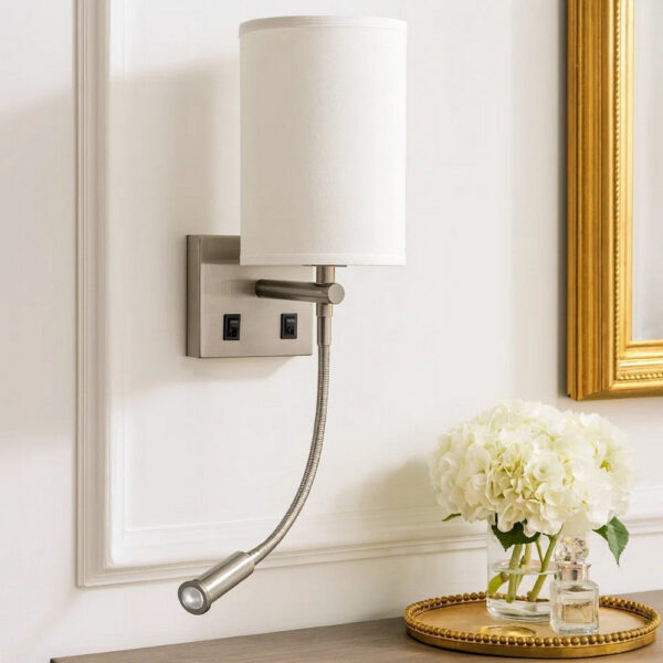 Liam 25 Inch Modern Wall Lamp, Hardback Fabric Shade, 1 LED, Metal, Silver