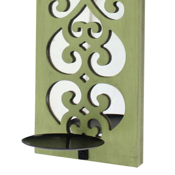 Quatrefoil Pattern Wooden Candle holder Set of 2 with Mirror Insert, Green