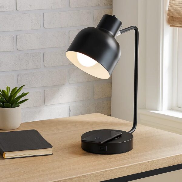 15 Inch Metal Table Lamp, Adjustable Shade, Wireless Charging, Black