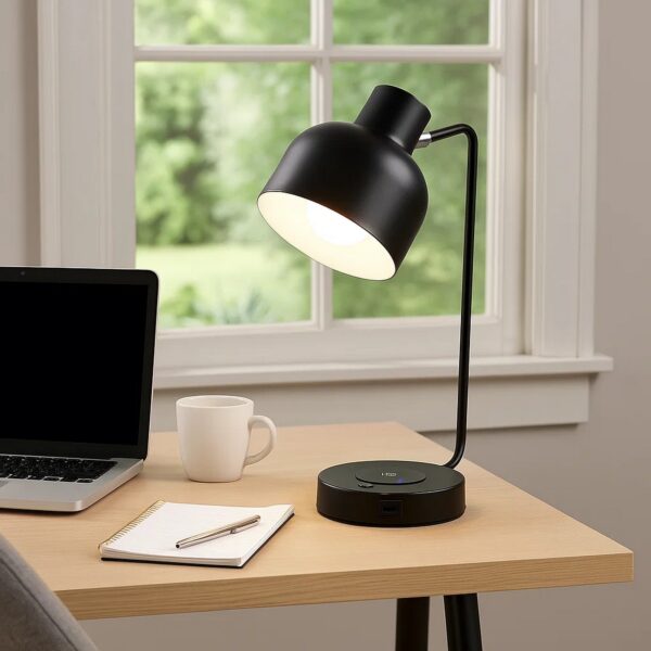15 Inch Metal Table Lamp, Adjustable Shade, Wireless Charging, Black