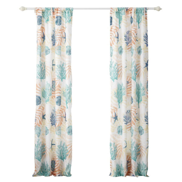 Geo 84 Inch Window Curtains, White Blue Polyester, Seashells Ferns Print