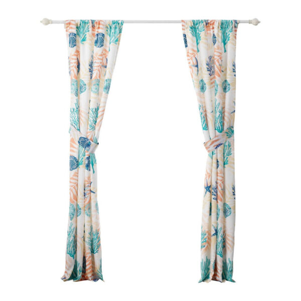 Geo 84 Inch Window Curtains, White Blue Polyester, Seashells Ferns Print