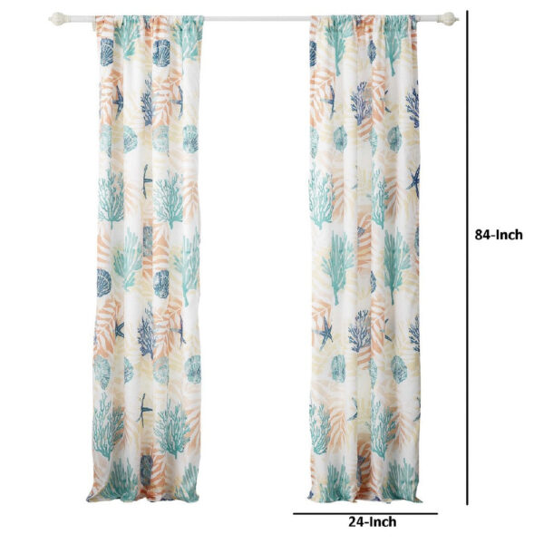 Geo 84 Inch Window Curtains, White Blue Polyester, Seashells Ferns Print