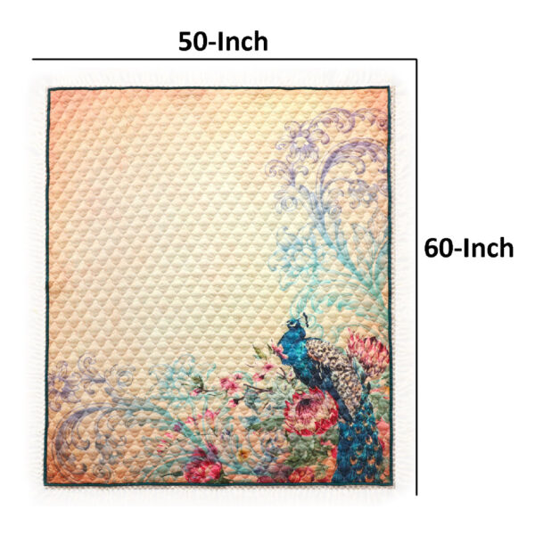 Ufa 60 Inch Quilted Throw Blanket, Blue Microfiber, Peacock, Floral Design