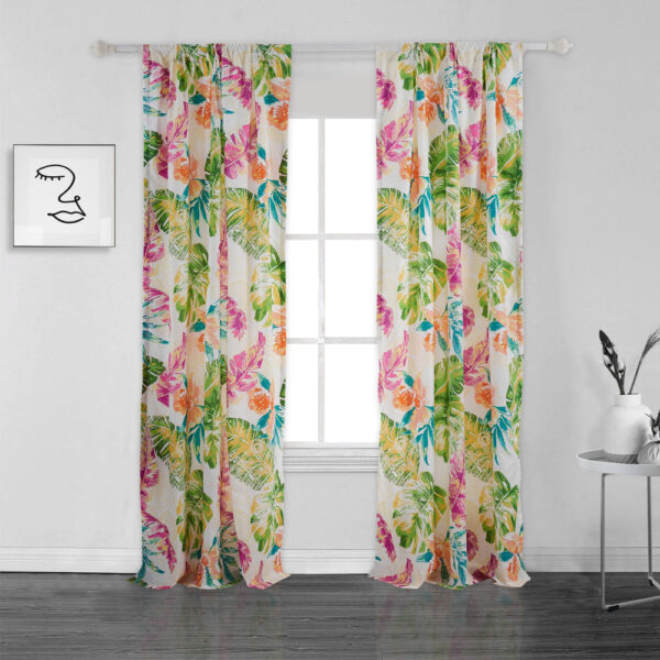 Porto 84 Inch Panel Window Curtains, Tropical Palm Leaves, Green and Blue