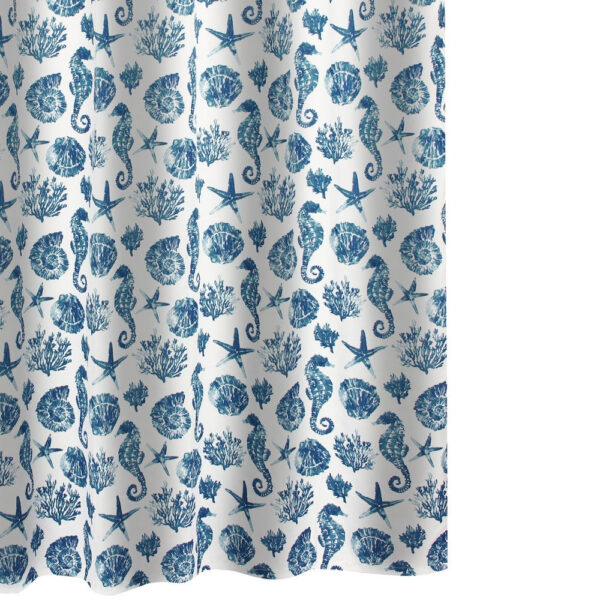 Riga 72 Inch Shower Curtain, Blue Seashells Print, Button Holes, Microfiber