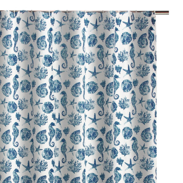 Riga 72 Inch Shower Curtain, Blue Seashells Print, Button Holes, Microfiber