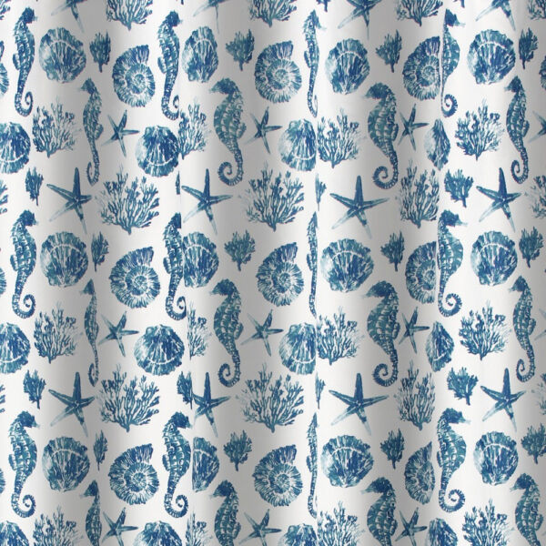 Riga 72 Inch Shower Curtain, Blue Seashells Print, Button Holes, Microfiber