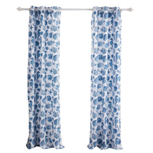 Riga 84 Inch Window Curtains, Blue Seashells Print, Microfiber, Rod Pockets