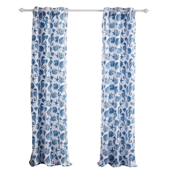 Riga 84 Inch Window Curtains, Blue Seashells Print, Microfiber, Rod Pockets
