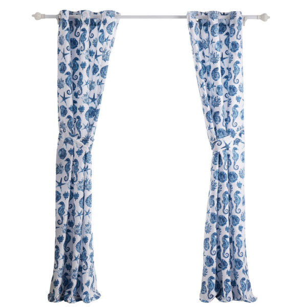 Riga 84 Inch Window Curtains, Blue Seashells Print, Microfiber, Rod Pockets