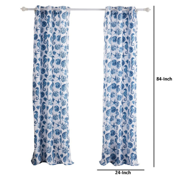 Riga 84 Inch Window Curtains, Blue Seashells Print, Microfiber, Rod Pockets