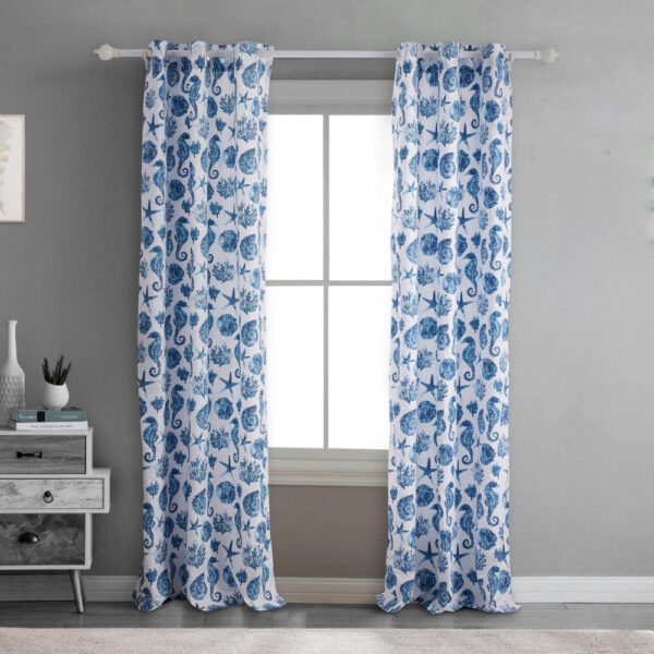 Riga 84 Inch Window Curtains, Blue Seashells Print, Microfiber, Rod Pockets