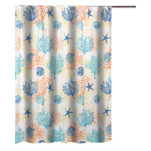 Geo 72 Inch Shower Curtain, White Blue Polyester, Seashells and Ferns Print