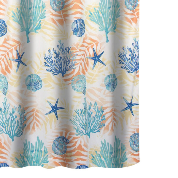 Geo 72 Inch Shower Curtain, White Blue Polyester, Seashells and Ferns Print