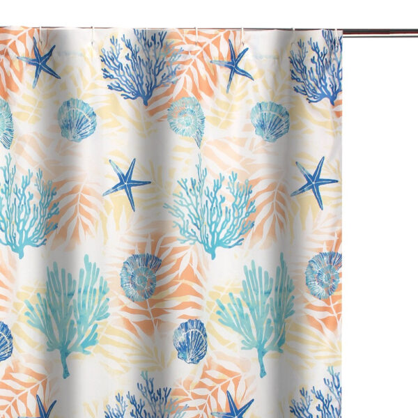 Geo 72 Inch Shower Curtain, White Blue Polyester, Seashells and Ferns Print
