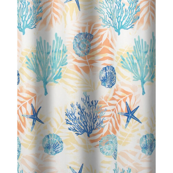 Geo 72 Inch Shower Curtain, White Blue Polyester, Seashells and Ferns Print