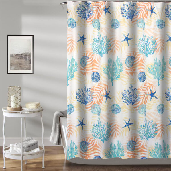 Geo 72 Inch Shower Curtain, White Blue Polyester, Seashells and Ferns Print