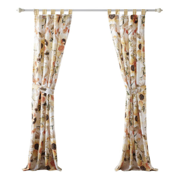 Kelsa Set of 2 Panel Curtains with Watercolor Sunflowers, Ruffled, Gold