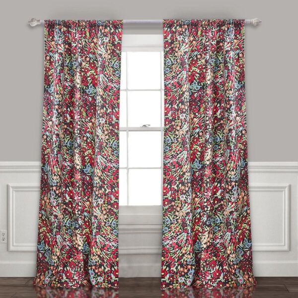 Burges 84 Inch Window Panel Curtain, Red and Pink Reed Print, Rod Pockets