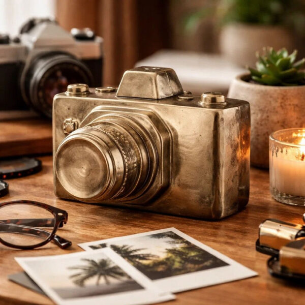 6 Inch Decorative Camera Table Top Accent, Distressed Gold Finish Ceramic