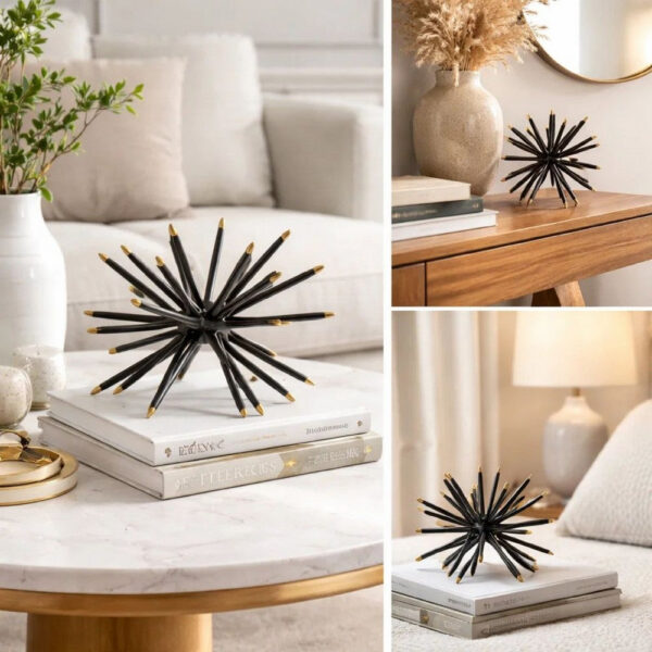 11, 8, 6 Inch Table Top Decorative Abstract Statuettes Set of 3, Black Gold