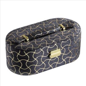 Travel Jewelry Case with 2 Semicircle Slots and Wavy Pattern, Black