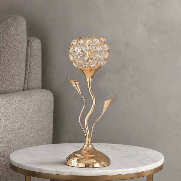 Metal Table Lamp with Floral Shade and Acrylic Crystals, Gold