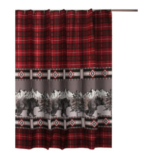 Sofia 72 Inch Bear Shower Curtain, Red and Black Plaid, Poly Microfiber