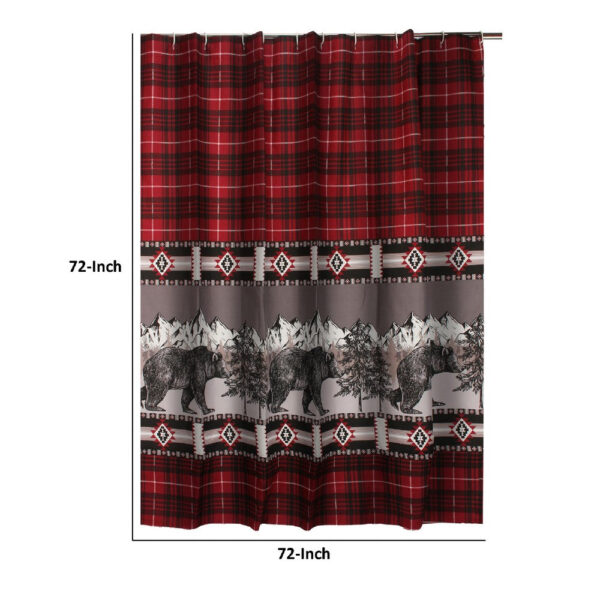 Sofia 72 Inch Bear Shower Curtain, Red and Black Plaid, Poly Microfiber