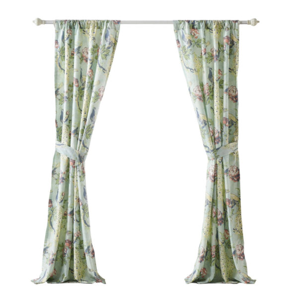 Eden 84 Inch WIndow Curtains, Butterflies and Songbirds, Green Microfiber