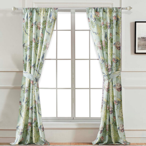 Eden 84 Inch WIndow Curtains, Butterflies and Songbirds, Green Microfiber
