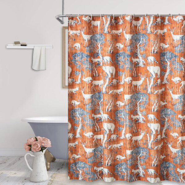 Gin 72 Inch Shower Curtain, Fun Deer and Bears Print, Orange Microfiber