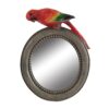 Round Wooden Framed Mirror with Parrot Sculpture Top, Multicolor