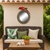 Round Wooden Framed Mirror with Parrot Sculpture Top, Multicolor
