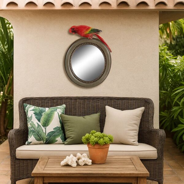 Round Wooden Framed Mirror with Parrot Sculpture Top, Multicolor