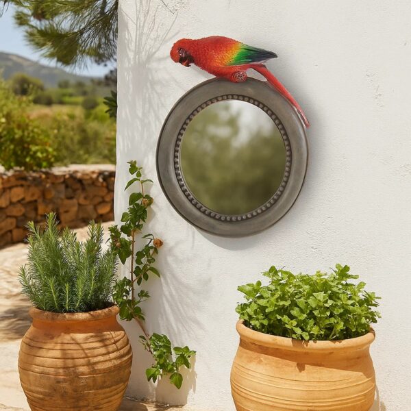 Round Wooden Framed Mirror with Parrot Sculpture Top, Multicolor