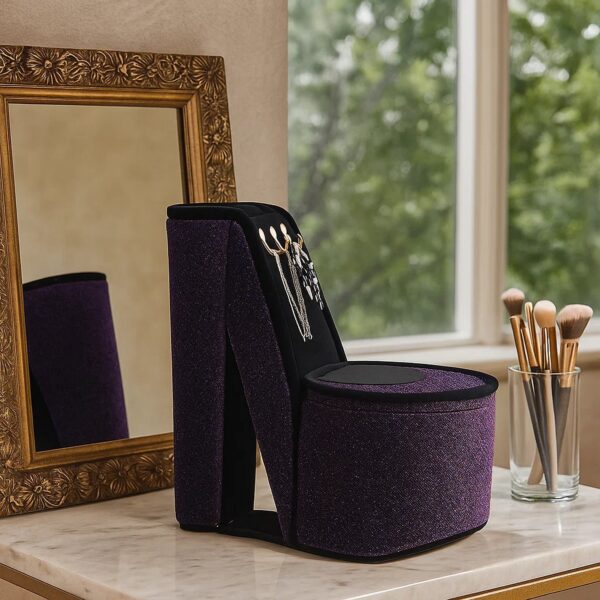 High Heel Shoe Jewelry Box with 3 Hooks and Storage, Purple